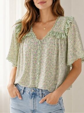 Laurel Grey • Sage Green Floral Cottagecore Blouse Lace Trim
